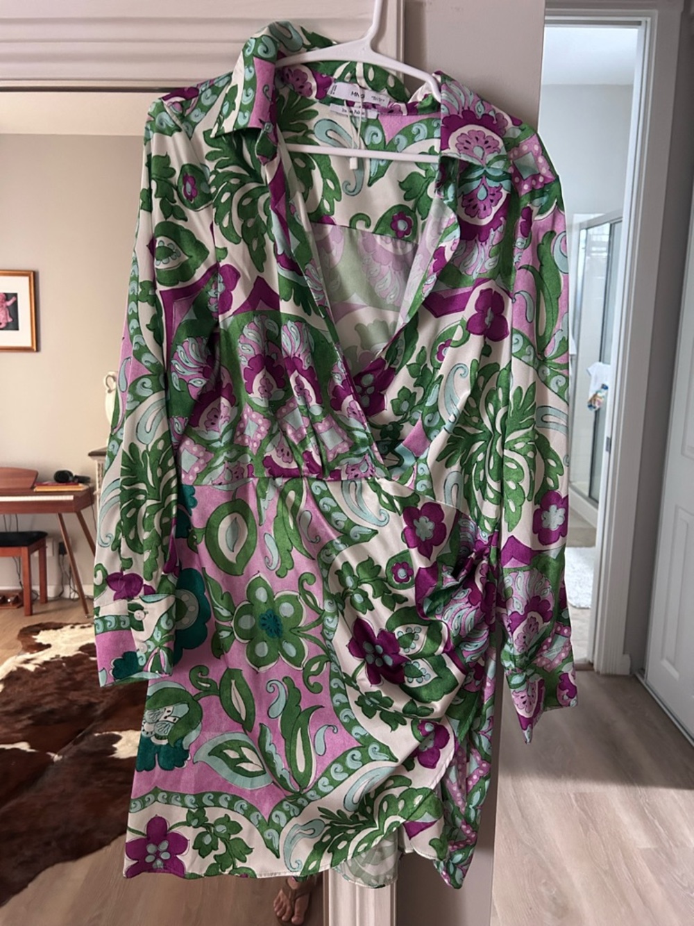 New Mango Green and Purple Floral Print Dress - size L